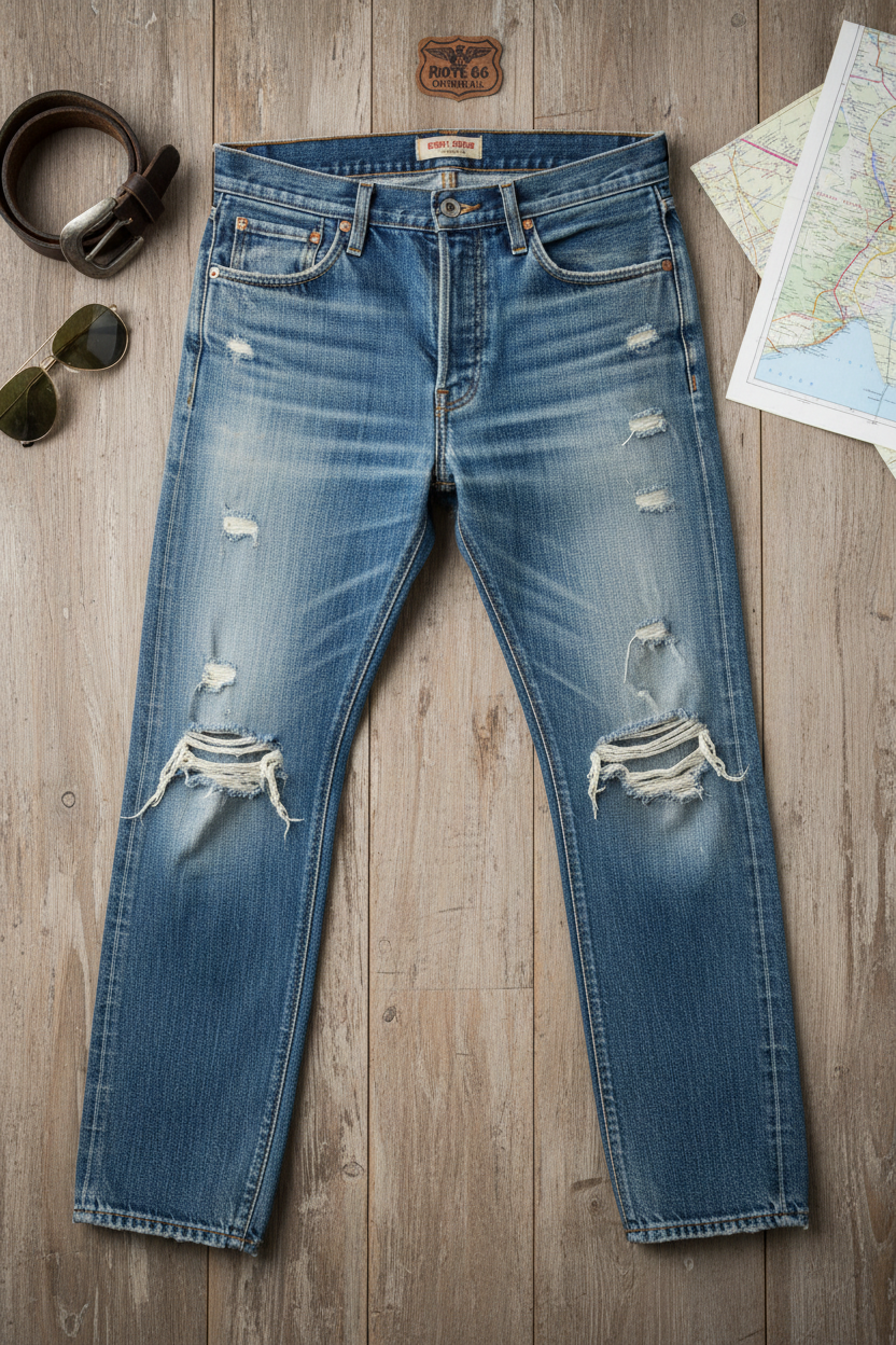 Women's distressed denim jeans flat lay