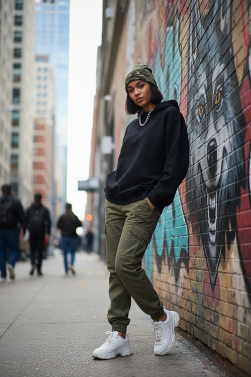 Female model wearing women's urban cargo pants